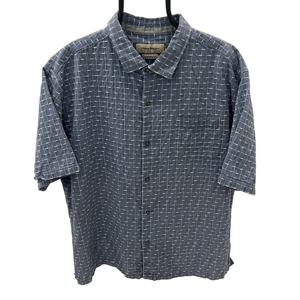 Tommy Bahama 3XL Shirt Blue Gray Windowpane Dobby Silk Cotton Blend Mens